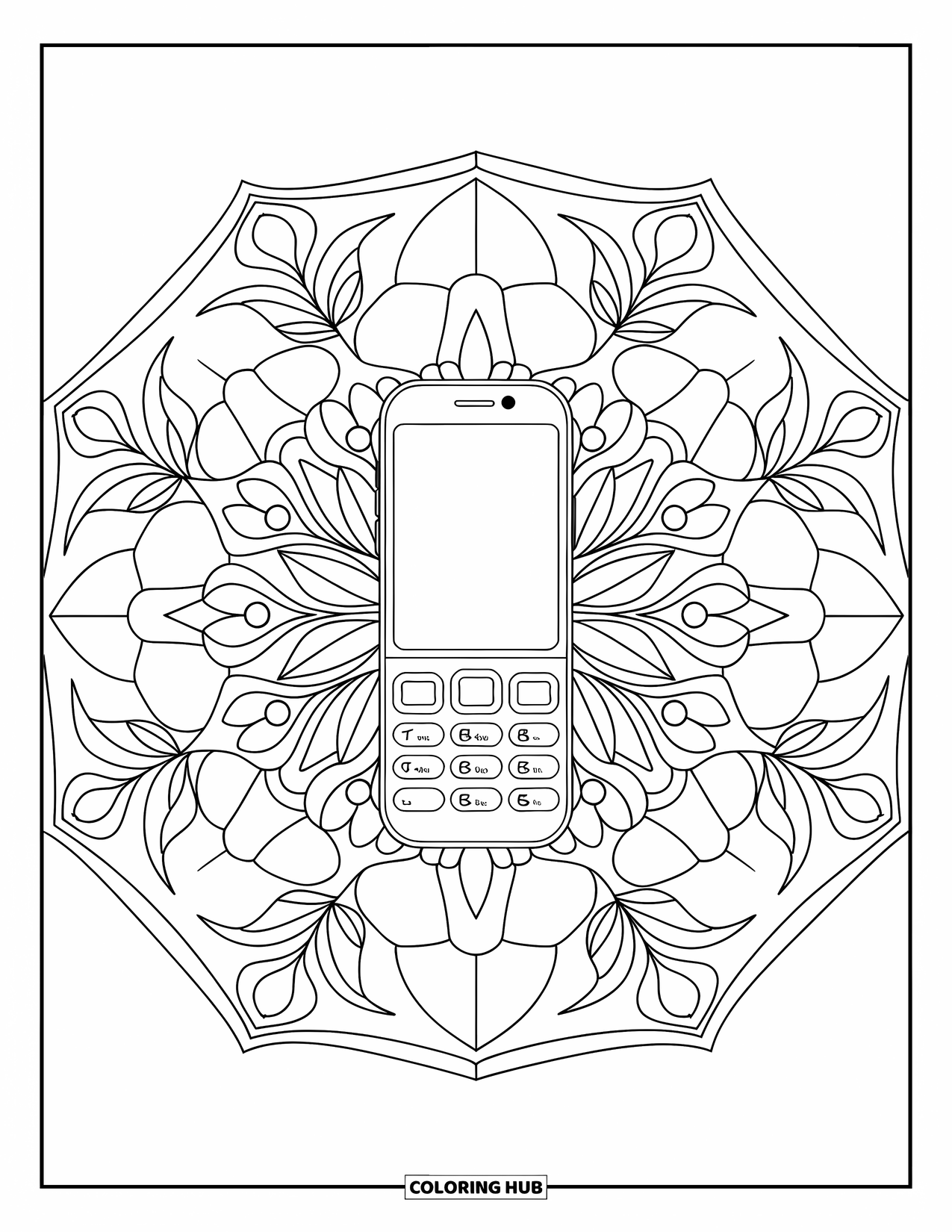 Phone Coloring Page for Adults: A simple phone at the heart of a mandala filled with shapes and leaves