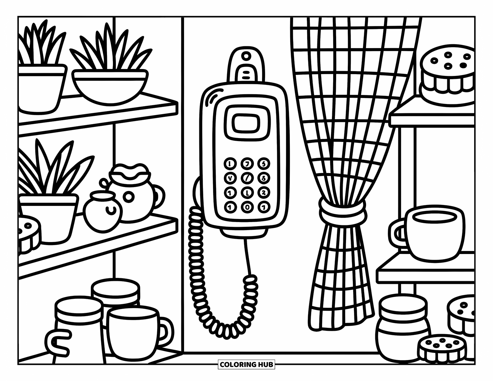 Phone Coloring Page for Adults: A wall phone and shelves of mugs, plants, and cookies create a warm, cozy nook