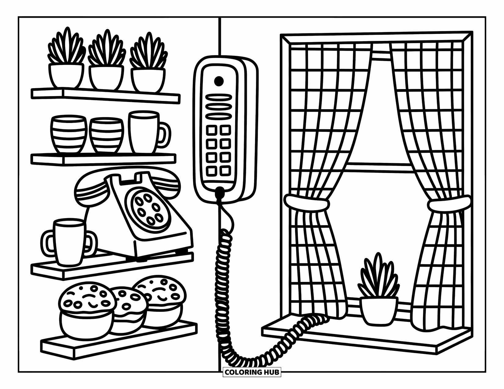 Phone Coloring Page for Adults: A wall phone hangs beside cozy shelves with plants, mugs, and a checkered curtain