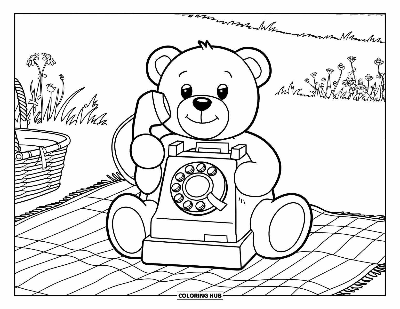 Phone Coloring Page for Kids: A bear on a picnic rug holding a brick phone next to a basket