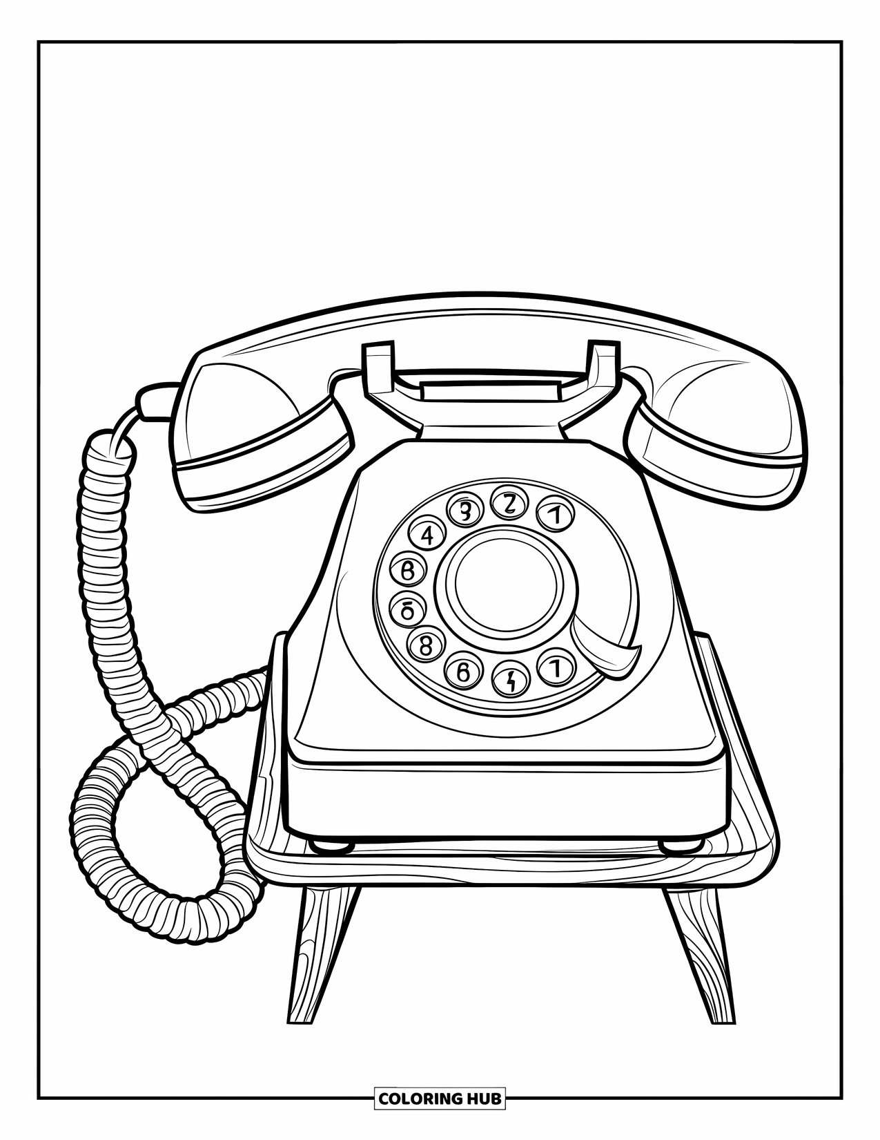 Phone Coloring Page for Kids: A big rotary phone with bold dials and a clean wooden base