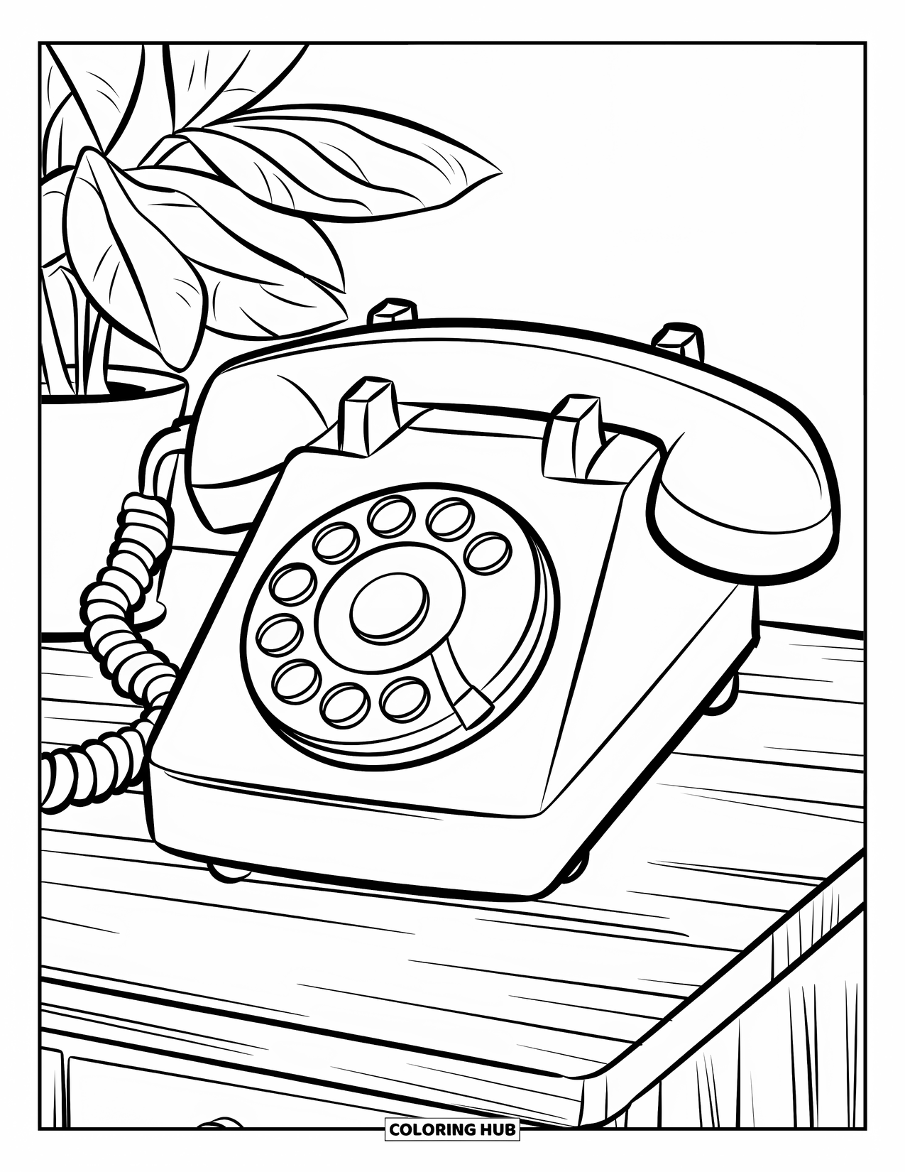Phone Coloring Page for Kids: A bold toy phone with big buttons sits on a desk near a plant