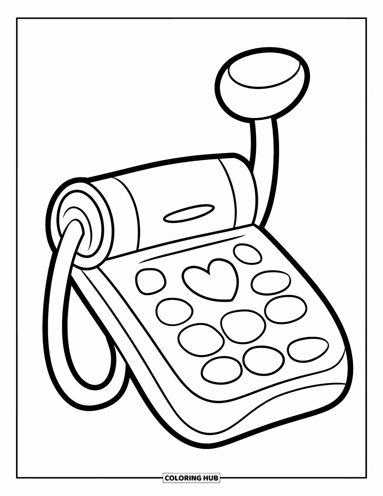 Phone Coloring Page for Kids: A cheerful flip phone with a heart icon and tall antenna