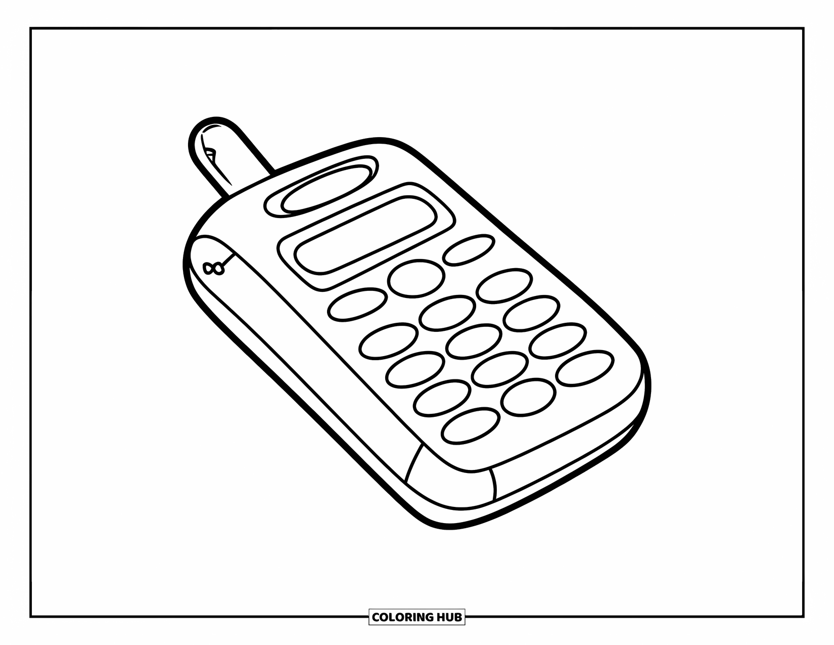 Phone Coloring Page for Kids: A chunky cell phone with big buttons and a tall antenna
