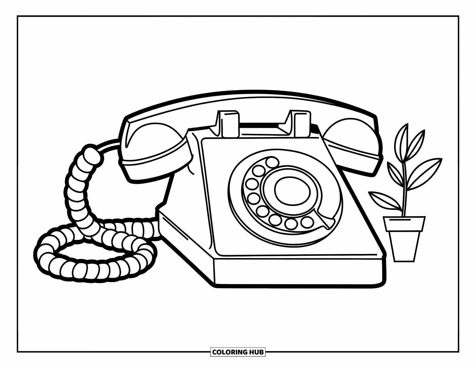Phone Coloring Page for Kids: A chunky landline phone with a zigzag cord and a tiny potted plant