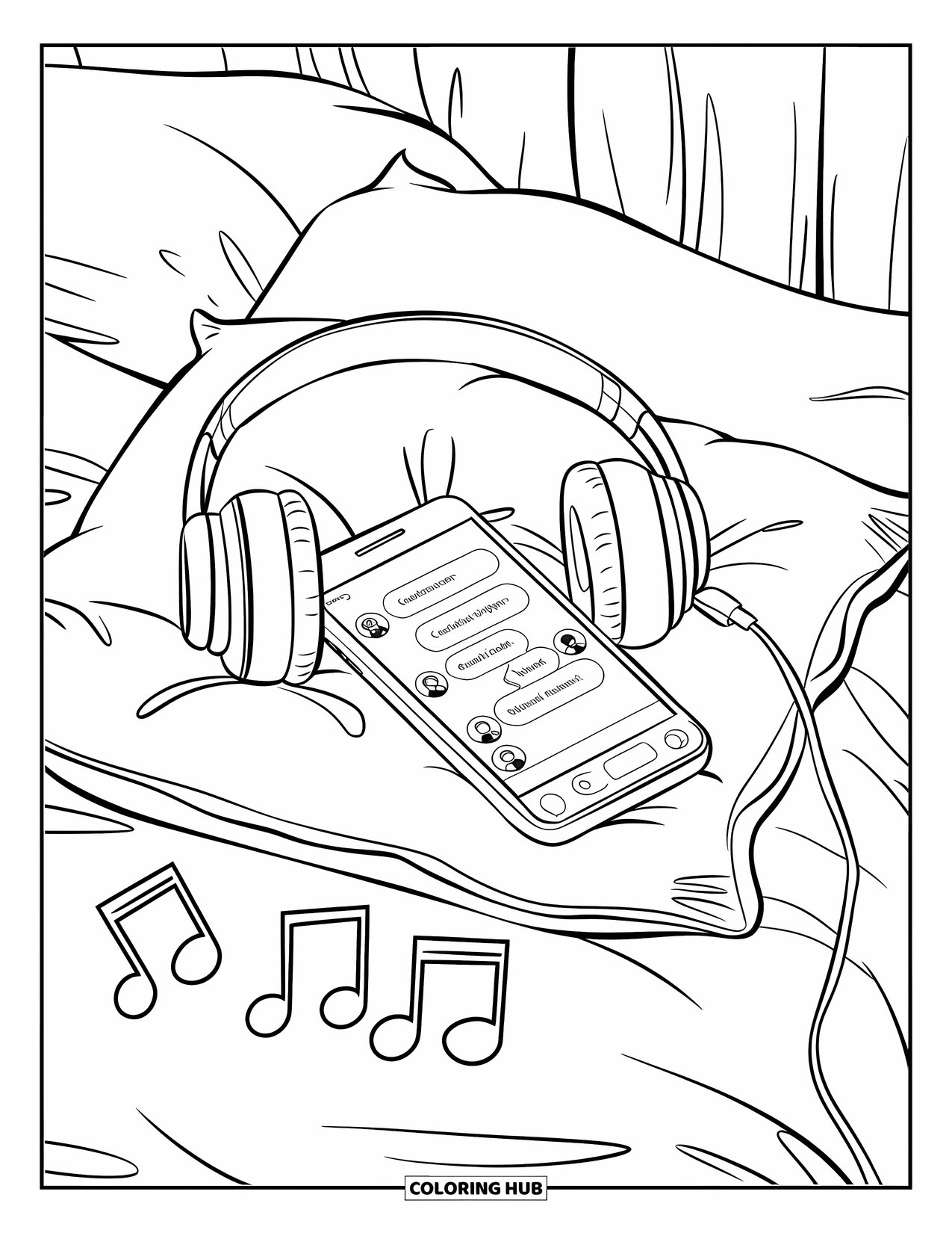 Phone Coloring Page for Kids: A comfy bed with headphones, a phone playing music, and chat messages on screen
