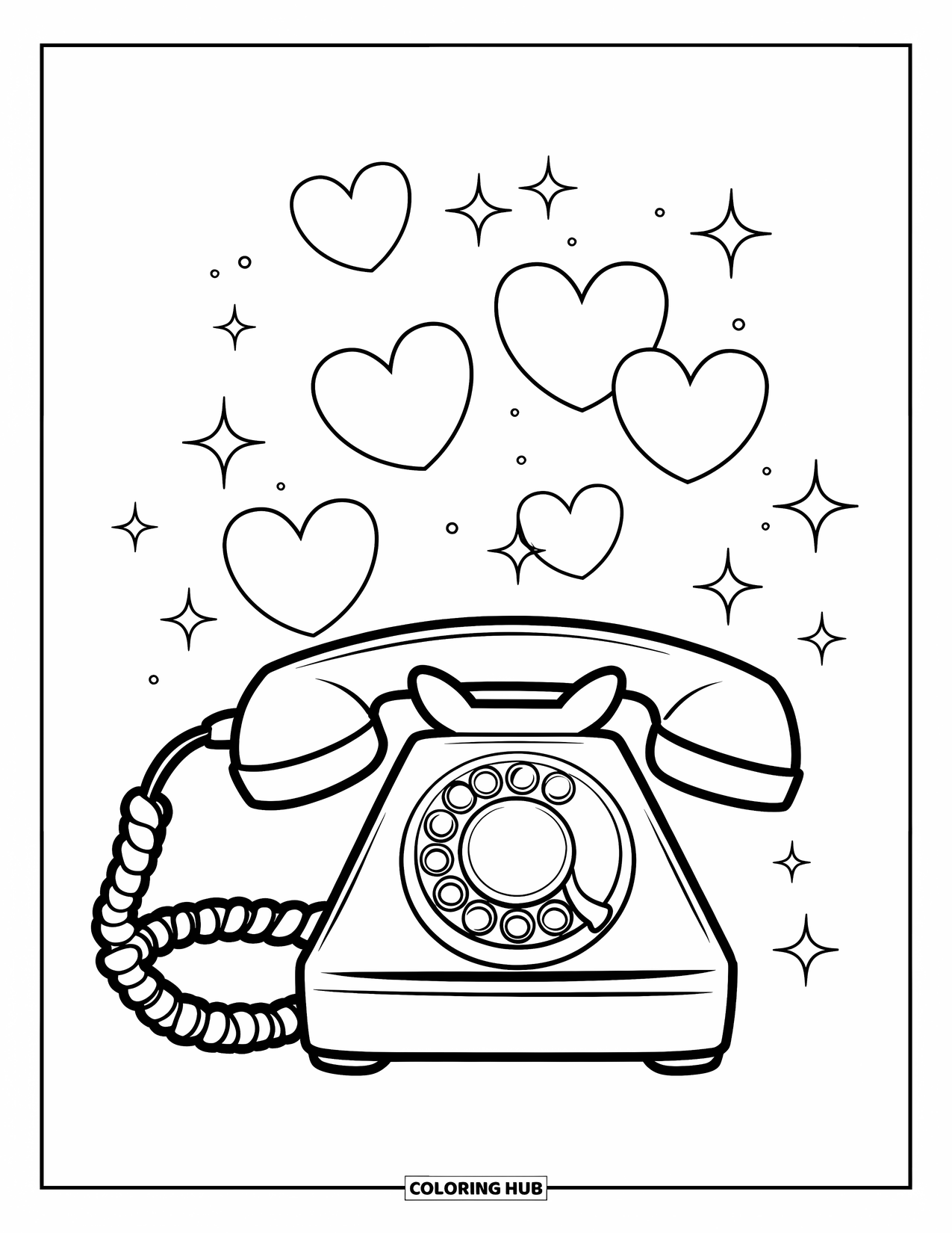 Phone Coloring Page for Kids: A cute rotary phone wrapped in a bow with sparkles and hearts