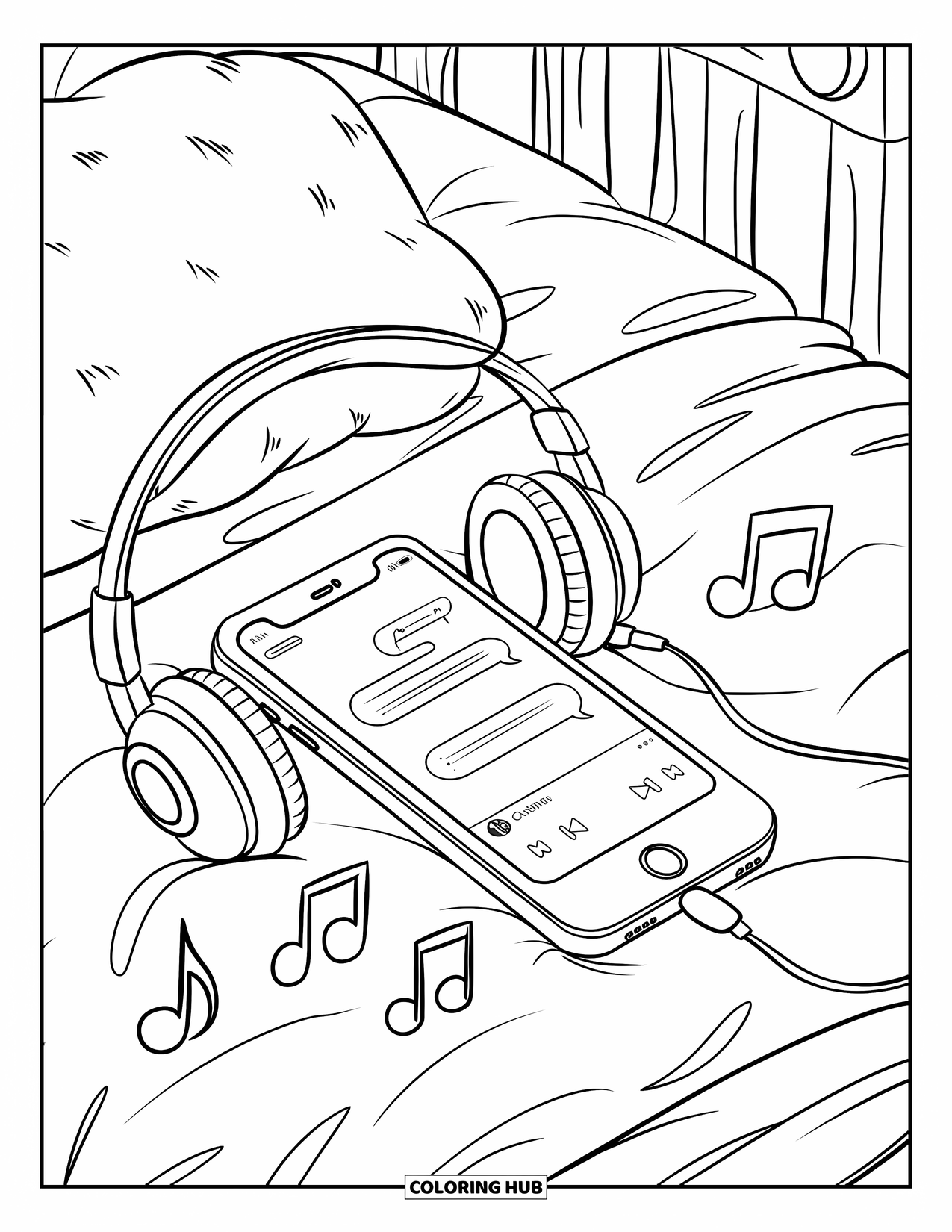 Phone Coloring Page for Kids: A fluffy bed scene with music playing, chat screen open, and soft pillows