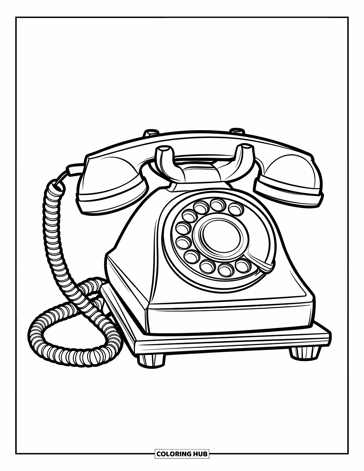Phone Coloring Page for Kids: A large rotary phone with round dials and a looped cord beside it
