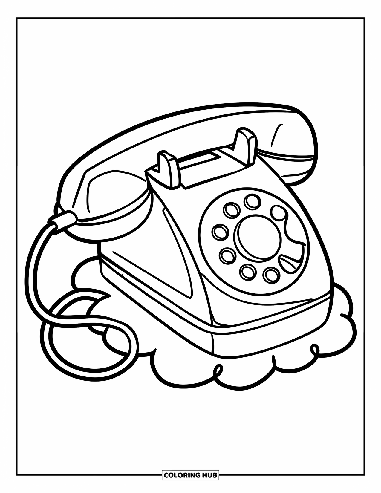 Phone Coloring Page for Kids: A long-handled cordless phone on a cloud-shaped dock with minimal wires