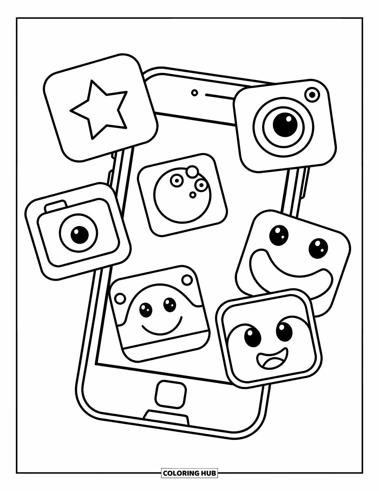 Phone Coloring Page for Kids: A playful smartphone showing six fun icons, including a star and camera