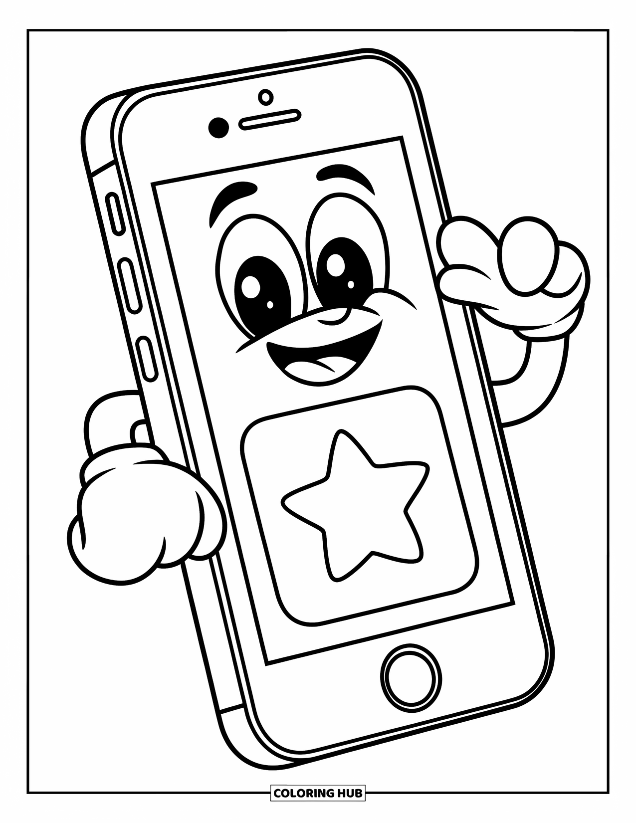 Phone Coloring Page for Kids: A playful smiling phone with a big star app icon