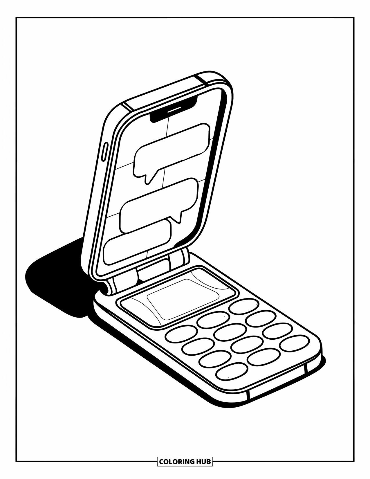 Phone Coloring Page for Kids: A retro flip phone open to a bubbly-text chat screen with buttons on the side