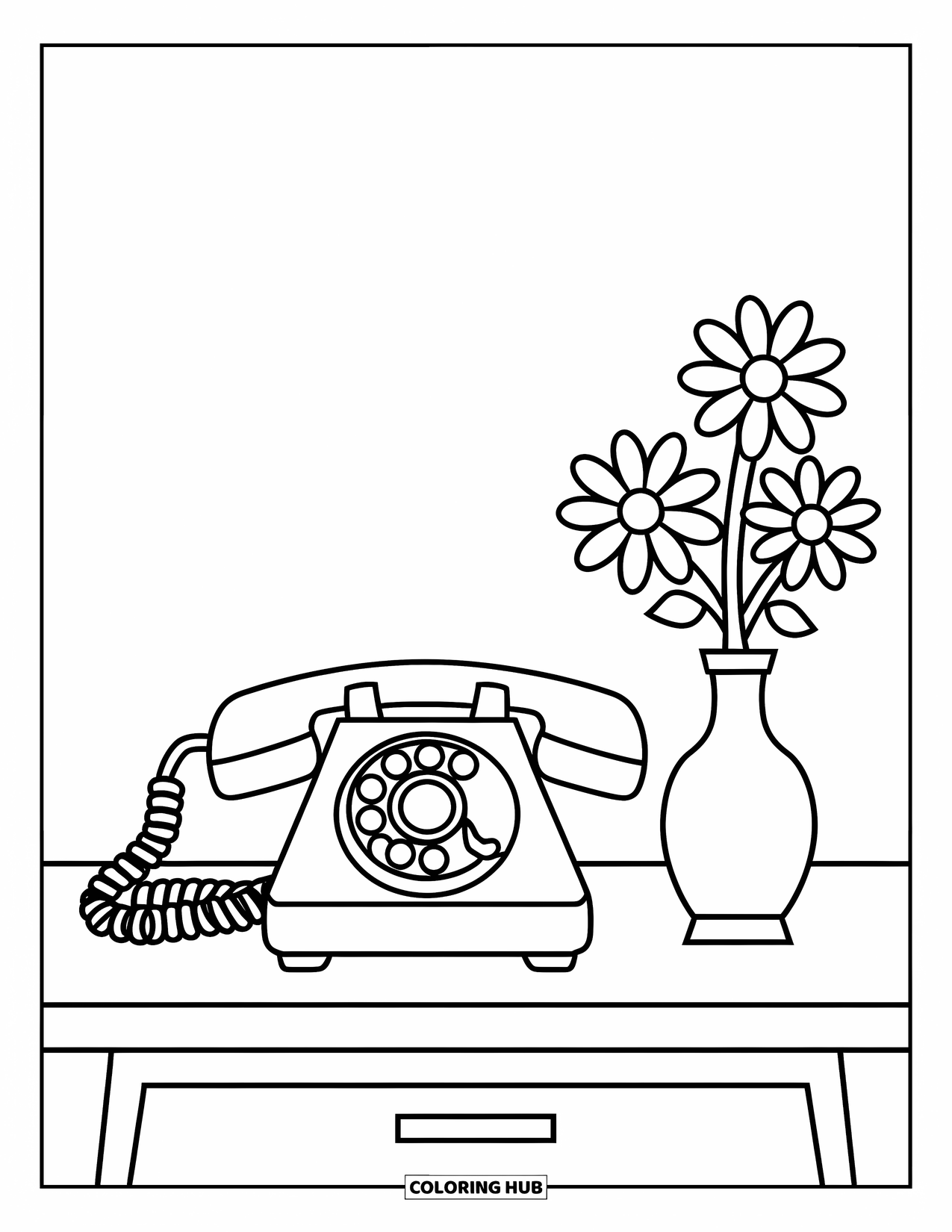 Phone Coloring Page for Kids: A rotary phone on a desk beside a small vase with a flower