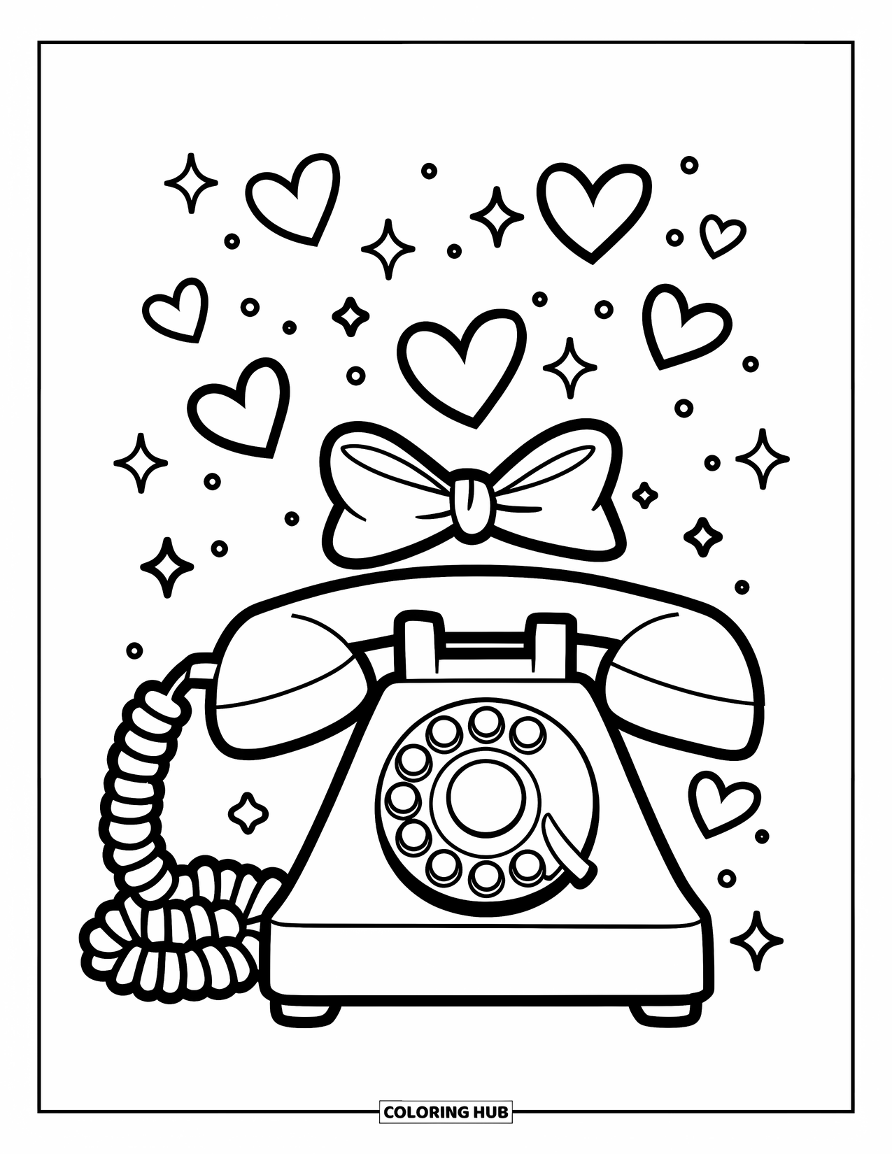 Phone Coloring Page for Kids: A rotary phone with a bow and sparkles floating around it