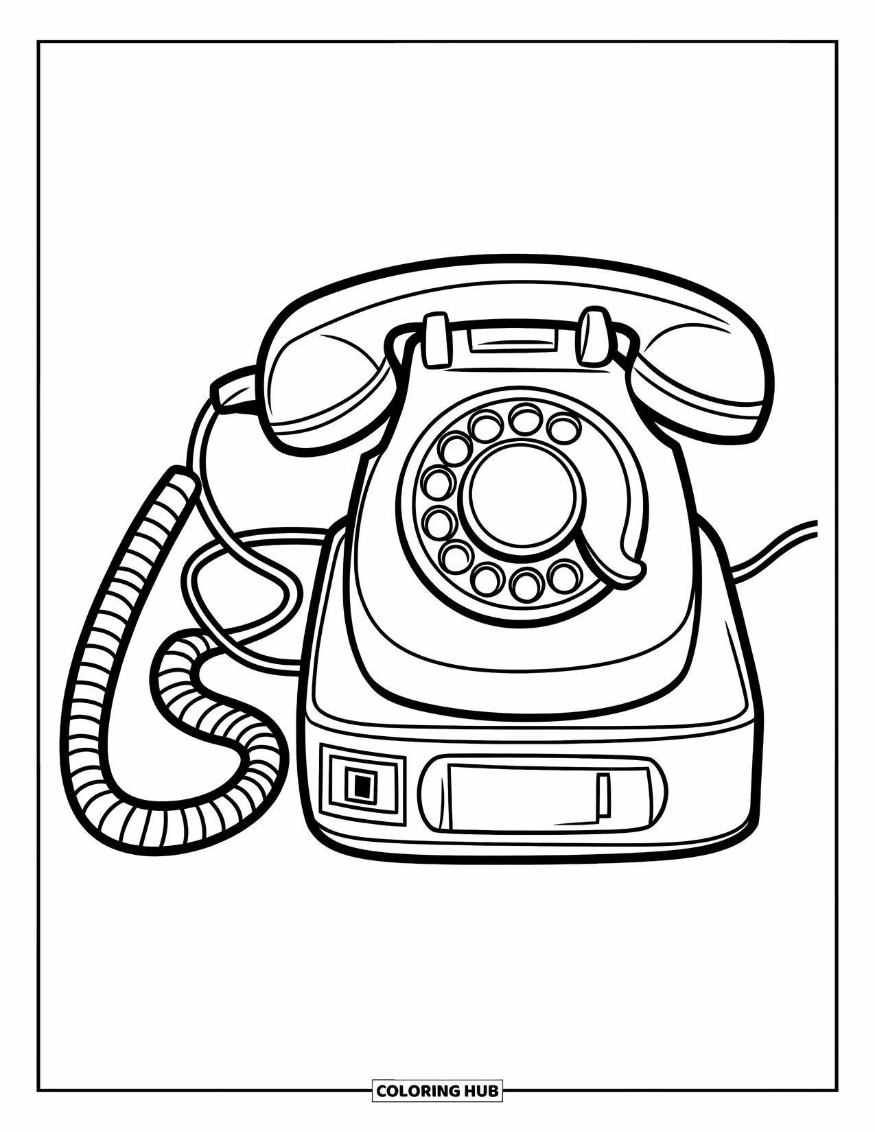 Phone Coloring Page for Kids: A round-bodied cordless phone with wires, resting on a small charging base