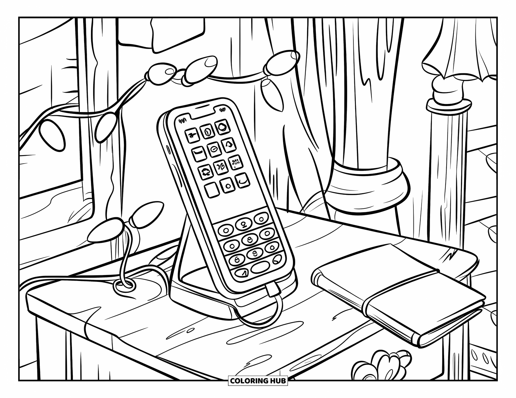 Phone Coloring Page for Kids: A rustic nightstand scene with fairy lights, a phone, and charming vintage details