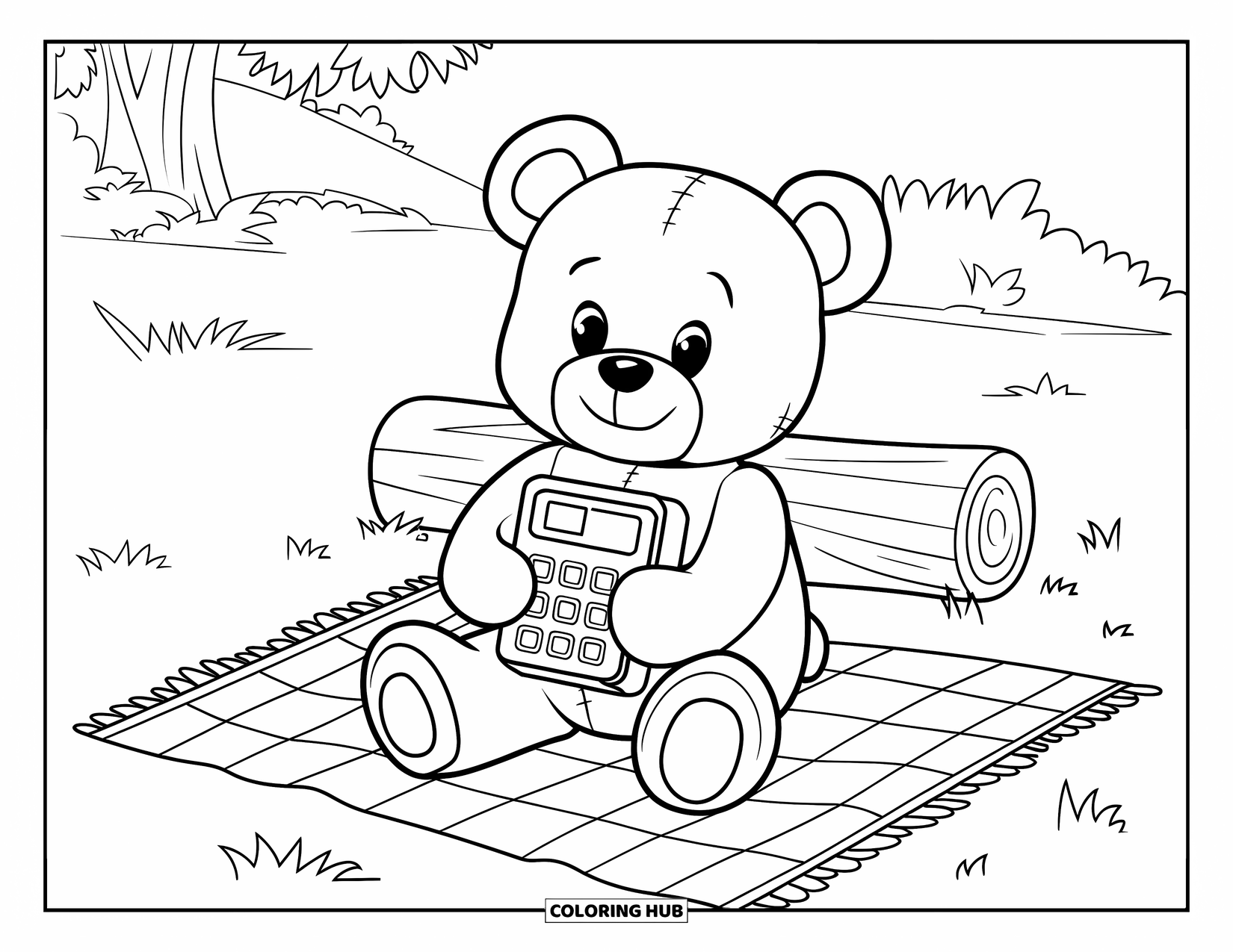 Phone Coloring Page for Kids: A teddy bear with a brick phone sitting on a grassy log near a tree