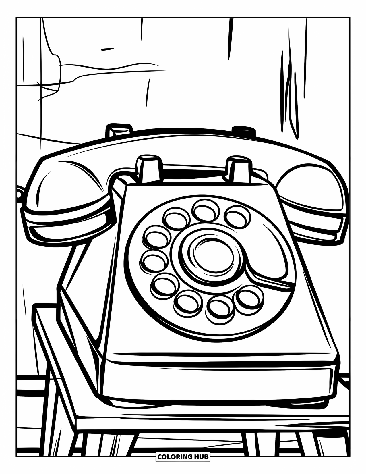 Phone Coloring Page for Kids: A toy phone with oversized buttons sitting on a wooden stand