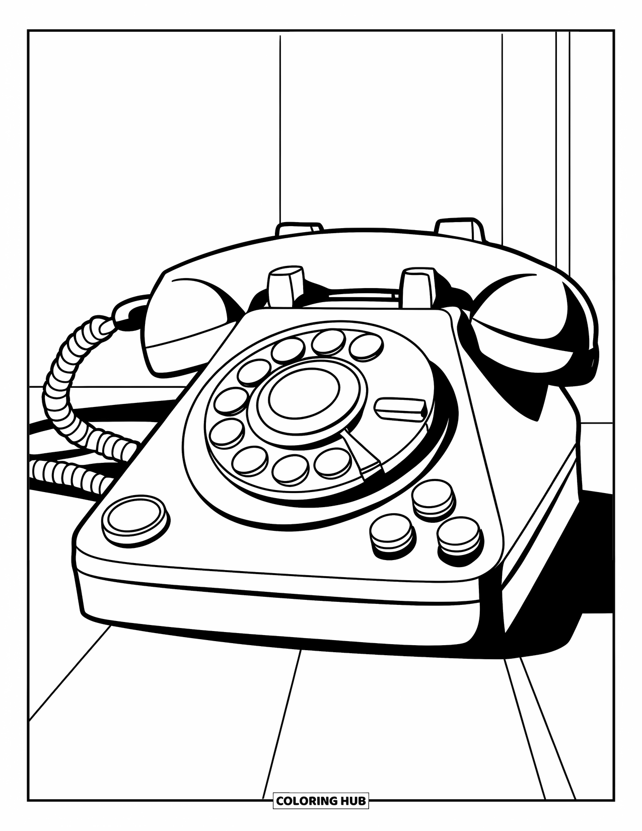 Phone Coloring Page for Kids: A toy phone with round buttons and big dial, simple and easy to color