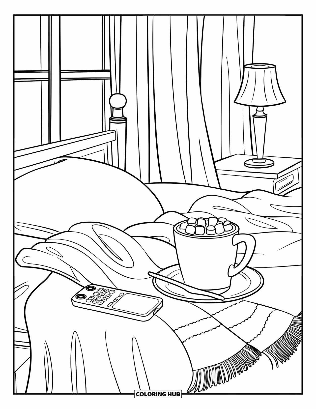 Phone Coloring Page for Kids: A warm winter bed setup with cocoa, scarf, phone, and a window view