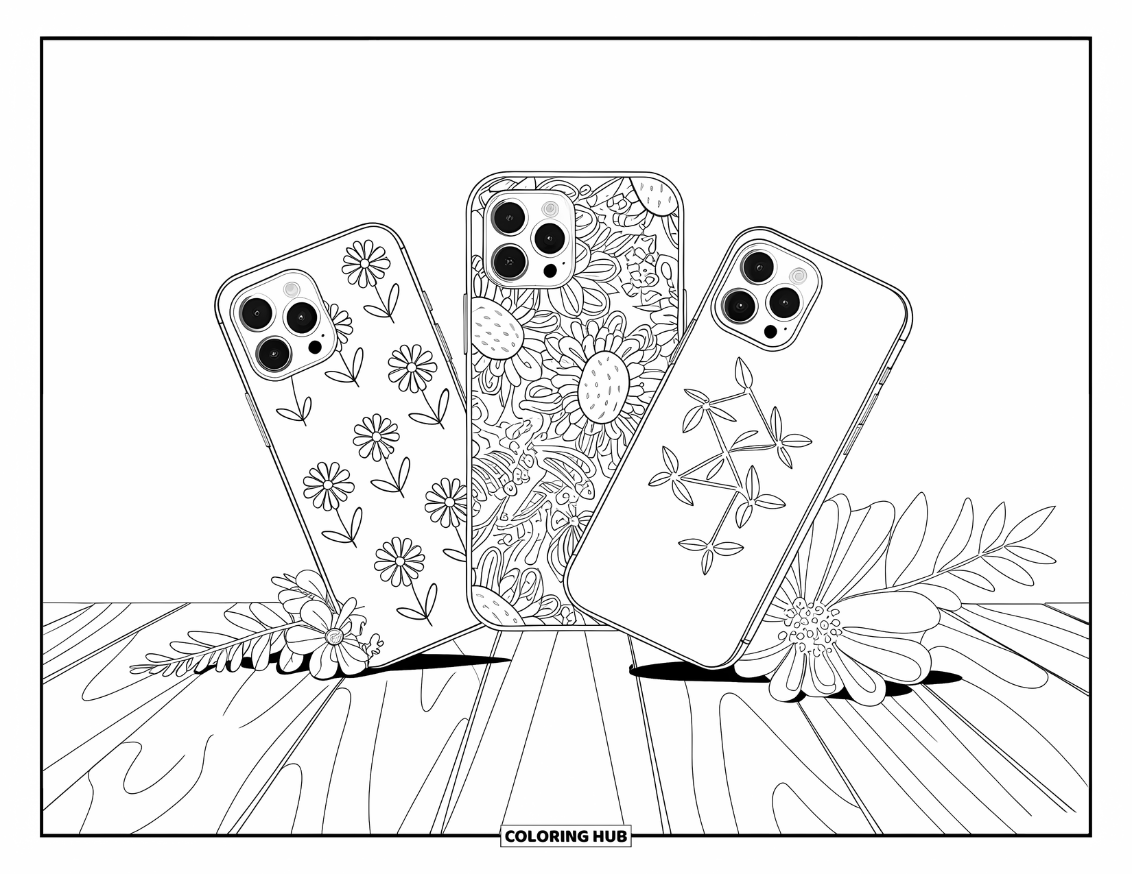 Phone Coloring Page for Kids: Three phones with floral, animal, and minimalist cases sitting near flowers on a table
