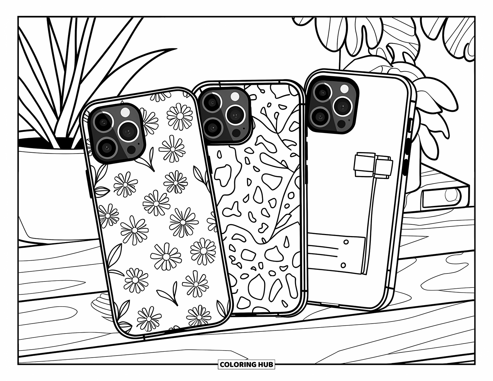 Phone Coloring Page for Kids: Three stylish phones with different cases beside a potted plant and a small decor