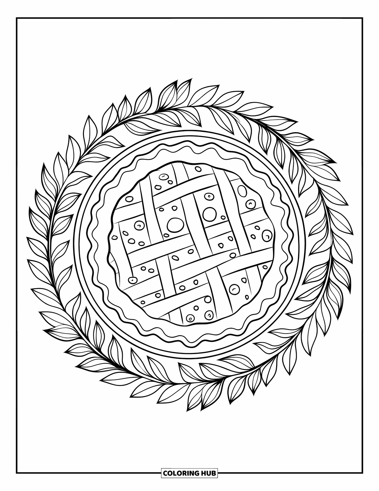 Pie Coloring Page for Adults: Blueberry pie inside a wreath of leaves and floral mandala