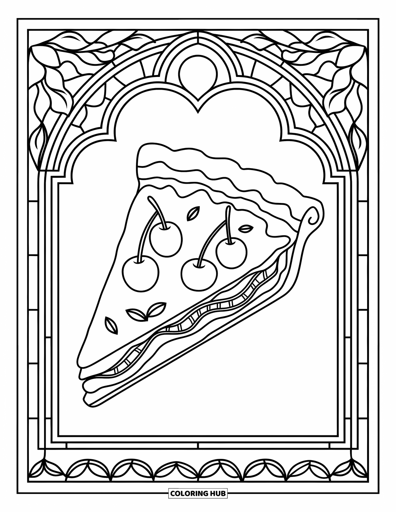 Pie Coloring Page for Adults: Cherry pie slice with stained glass vines and empty background
