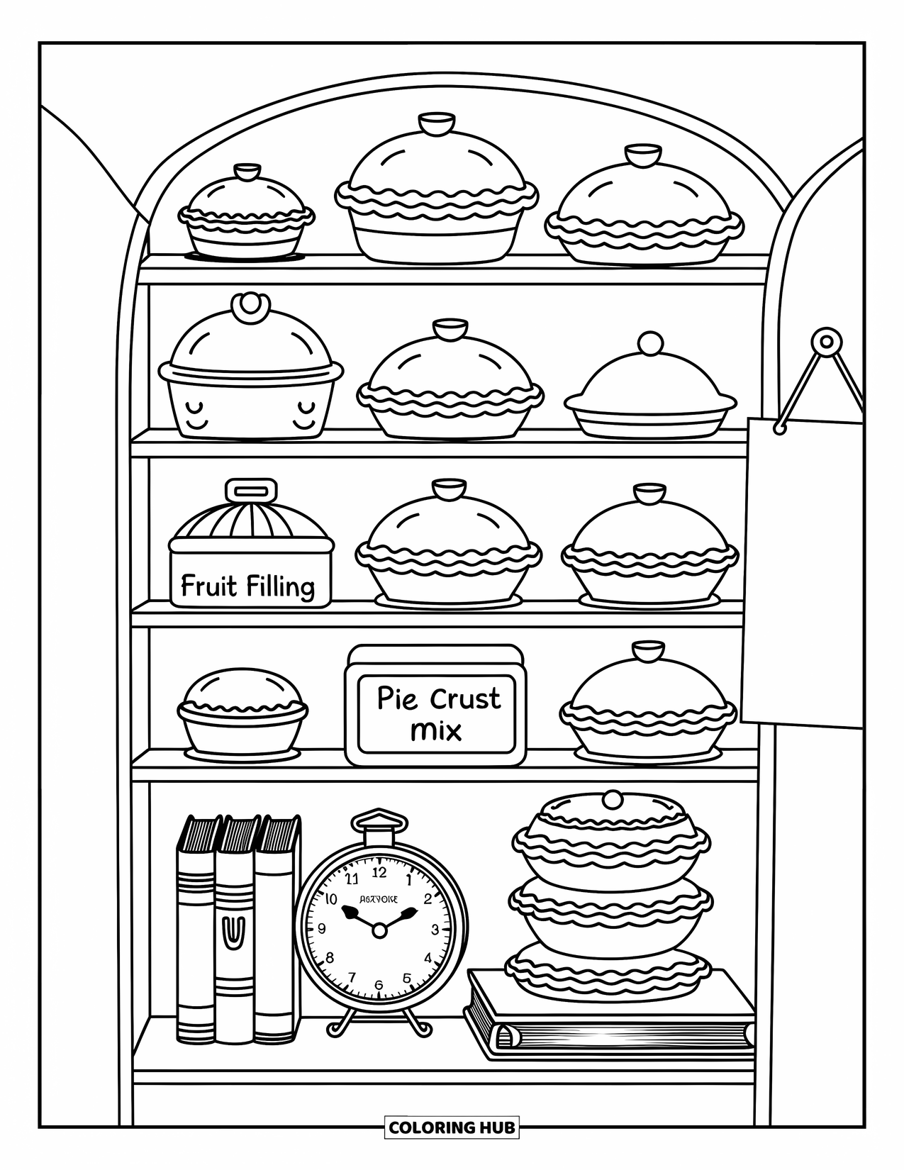 Pie Coloring Page for Adults: Cute pie pantry with recipe cards, tins, and cozy doodles