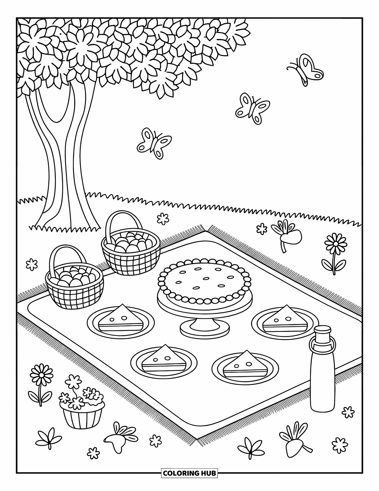 Pie Coloring Page for Adults: Cute pie picnic scene under a tree with playful tiny extras