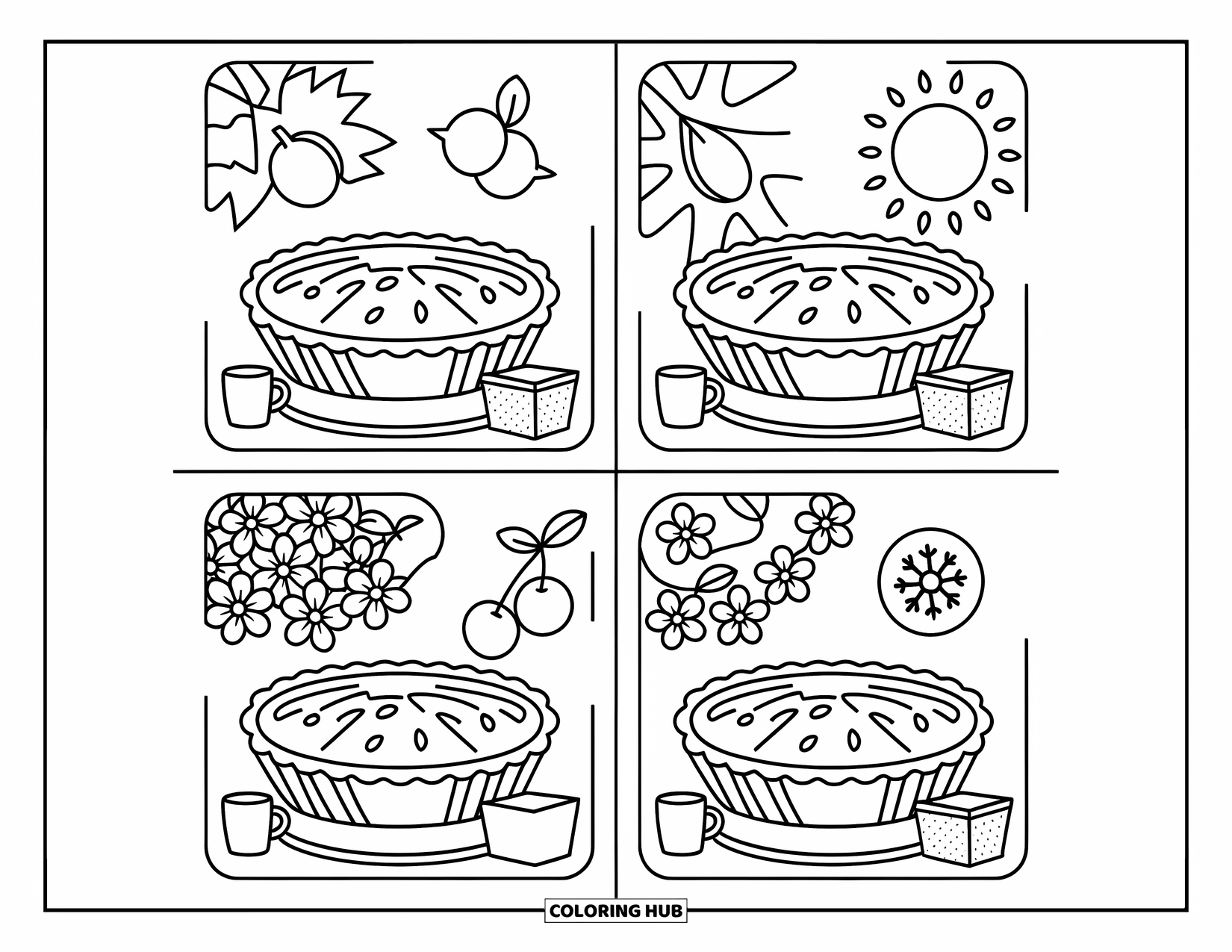 Pie Coloring Page for Adults: Four pies for each season with cozy seasonal details