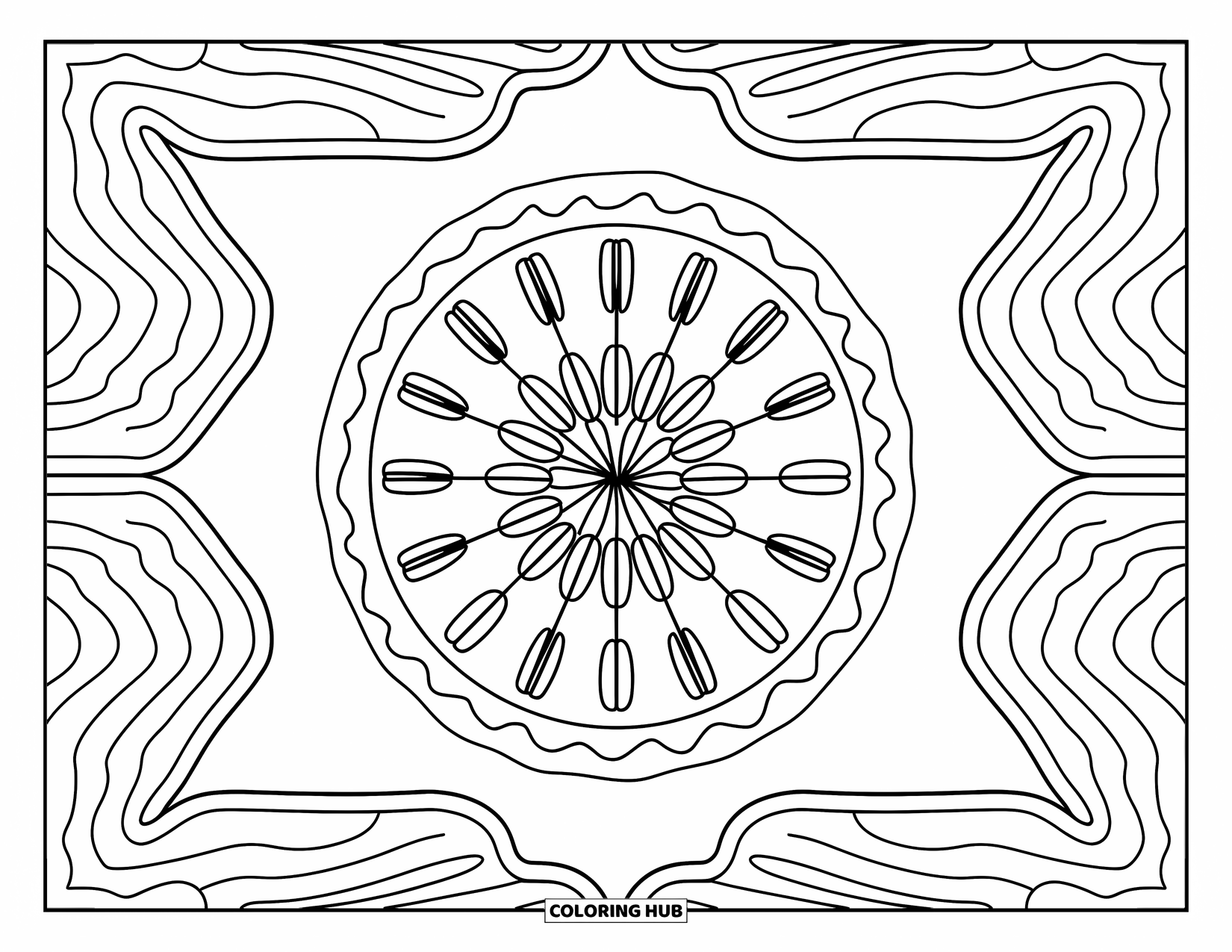 Pie Coloring Page for Adults: Pecan pie framed in symmetrical woodgrain designs