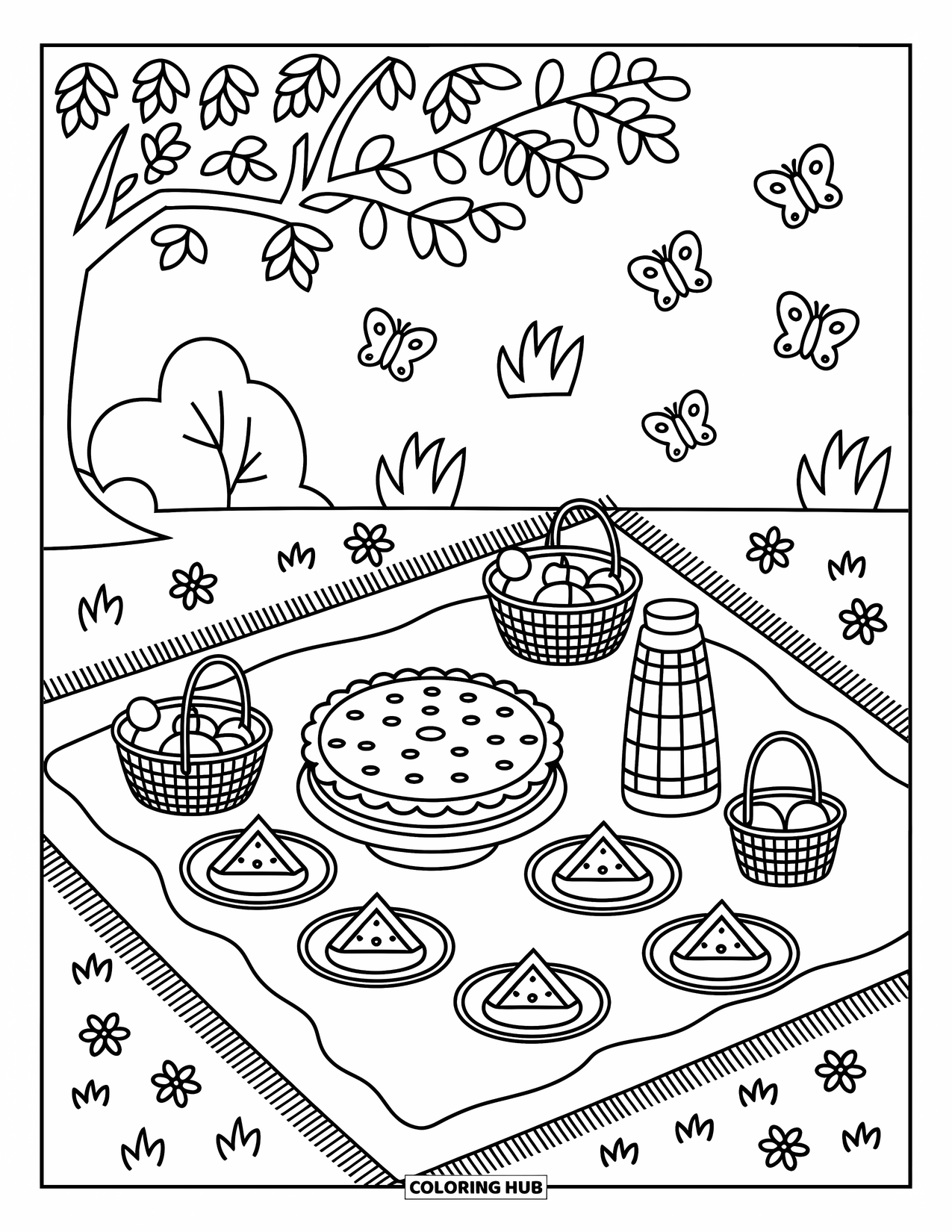 Pie Coloring Page for Adults: Pie picnic scene with checkered thermos and fluttering butterflies