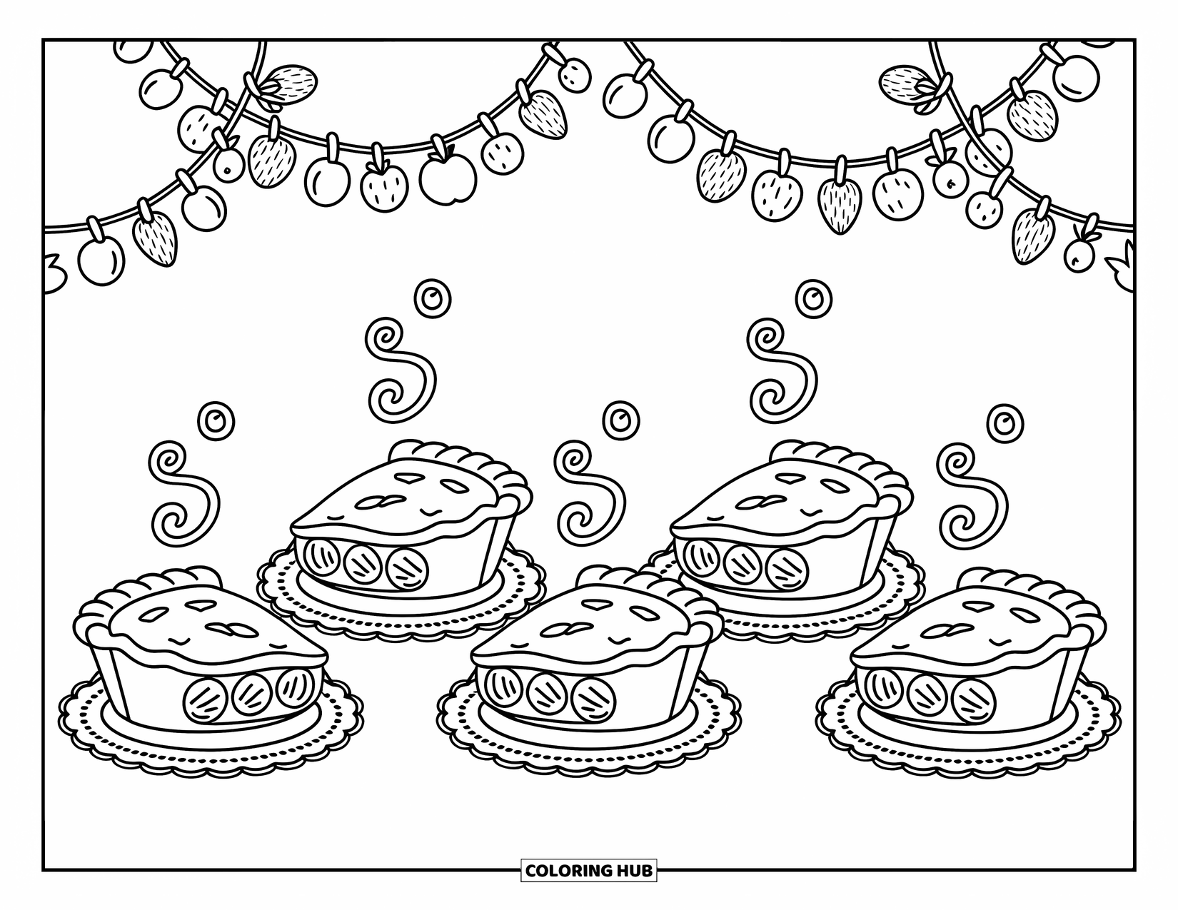 Pie Coloring Page for Adults: Pie slices under playful banners with cozy steam and toppings