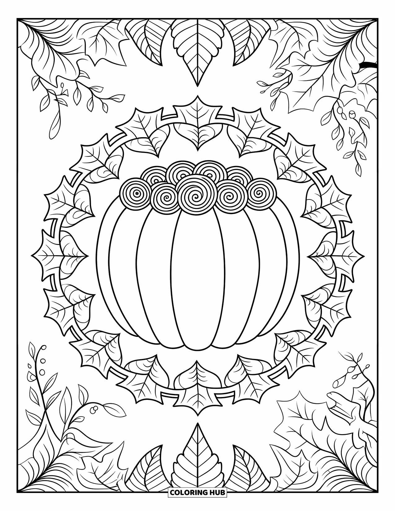 Pie Coloring Page for Adults: Pumpkin pie with leafy frame and intricate background