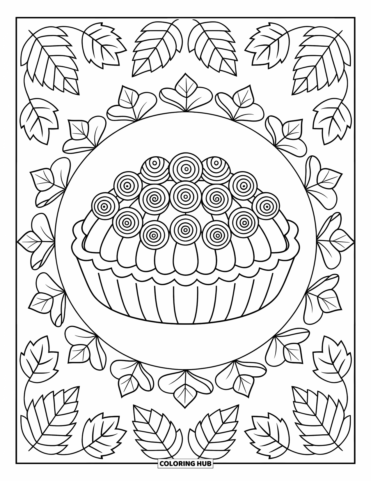 Pie Coloring Page for Adults: Pumpkin pie with pretty leaf border and rosette cream swirls