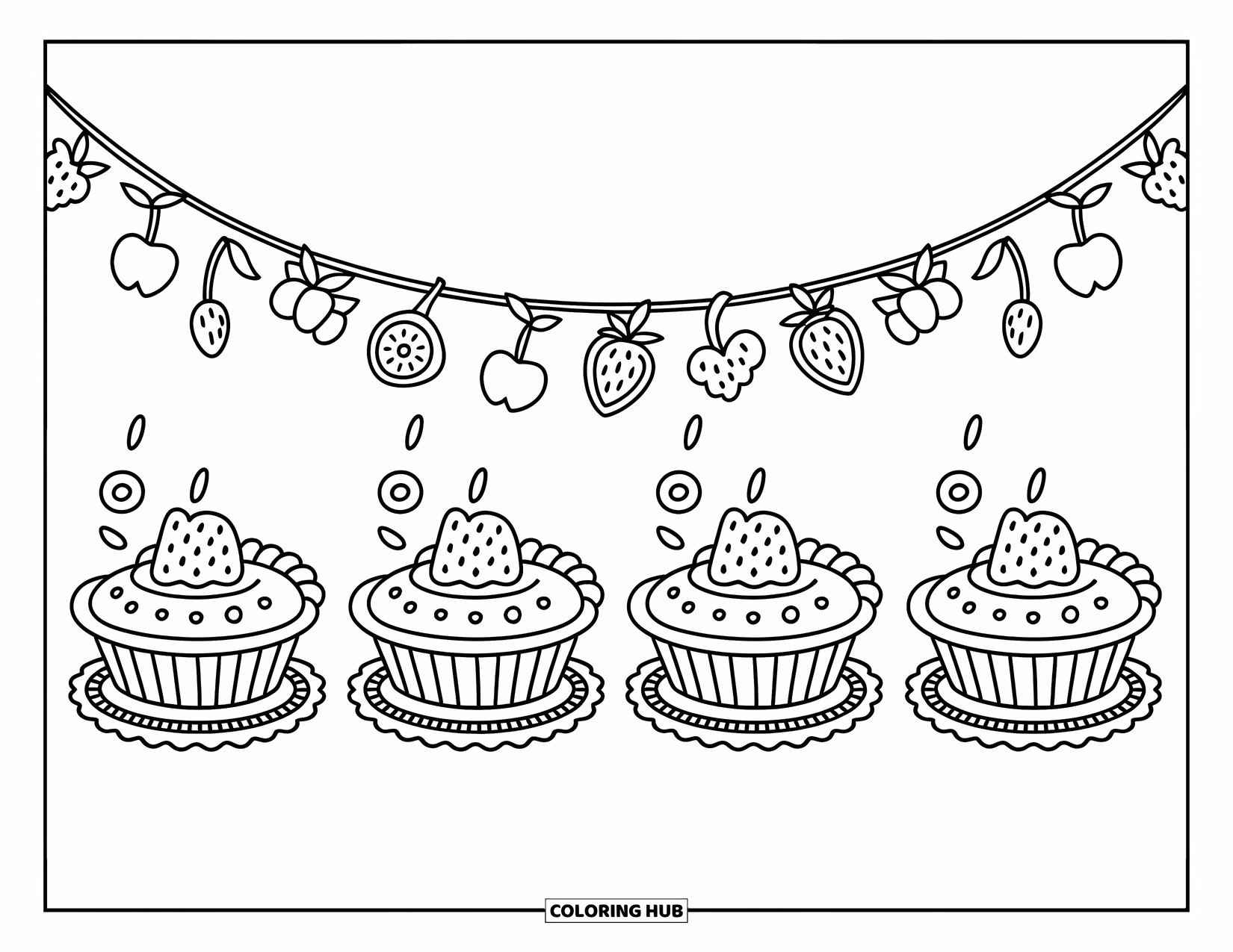 Pie Coloring Page for Adults: Row of cute pie slices on doilies with fruit garlands above
