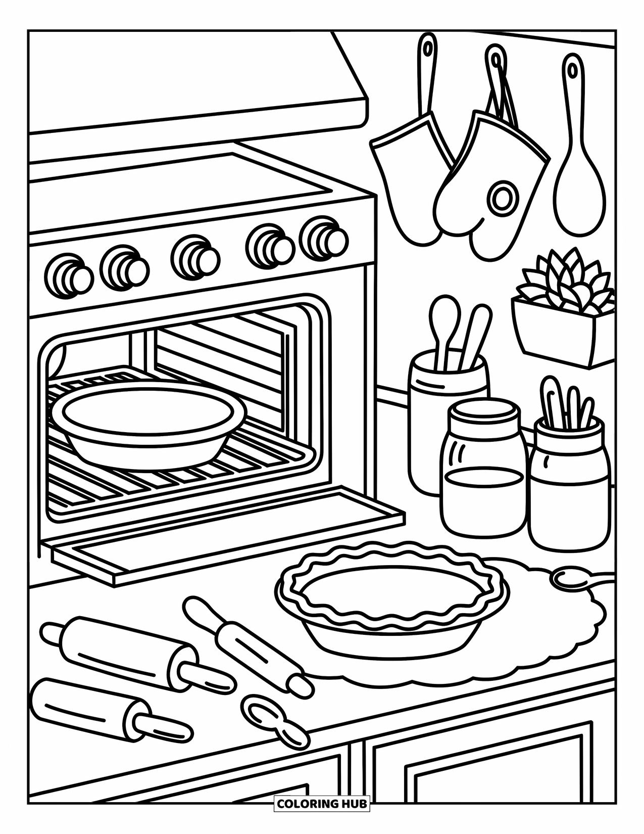 Pie Coloring Page for Adults: Tidy kitchen with a baking pie and adorable hand-drawn details