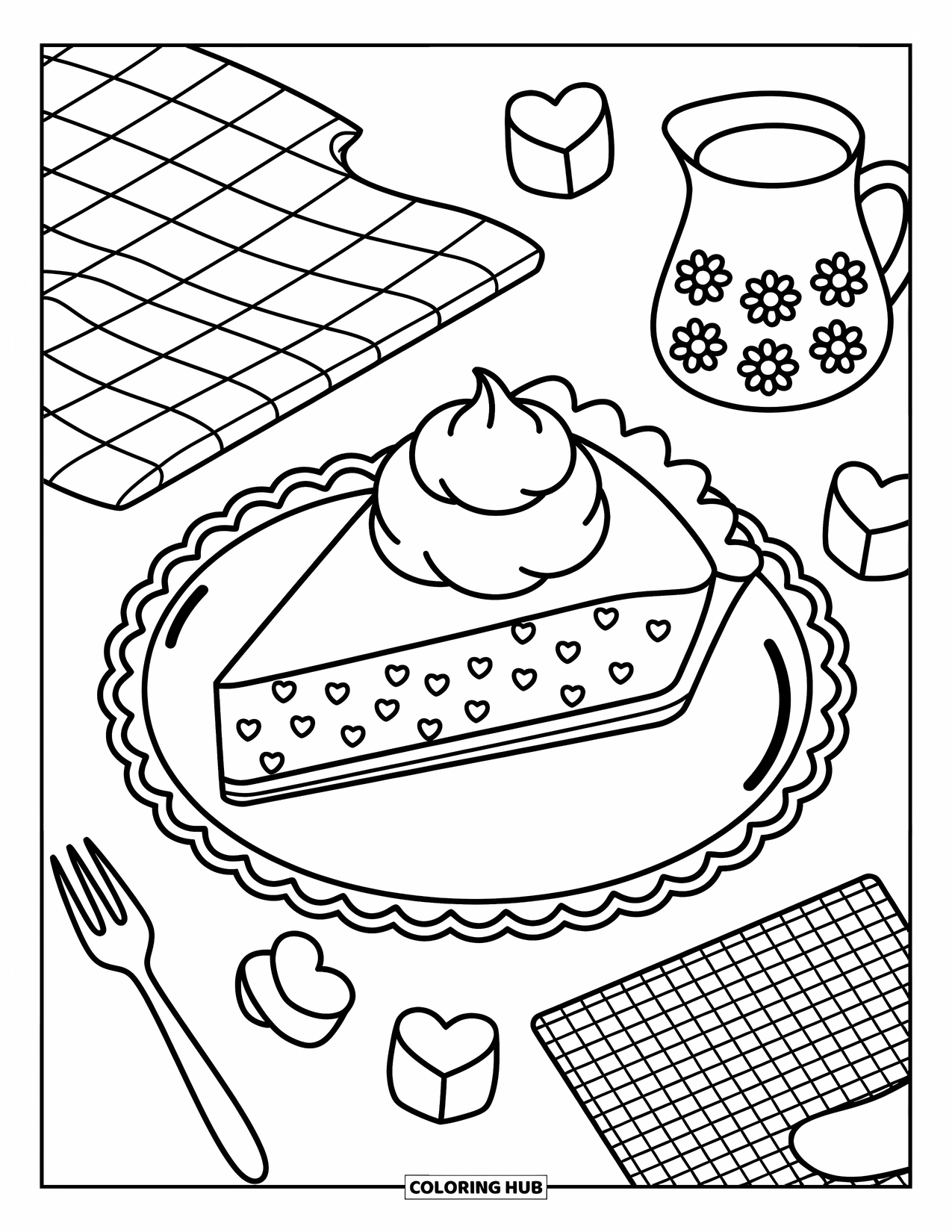Pie Coloring Page for Adults: Whipped cream pie slice with adorable extras and soft doodle style