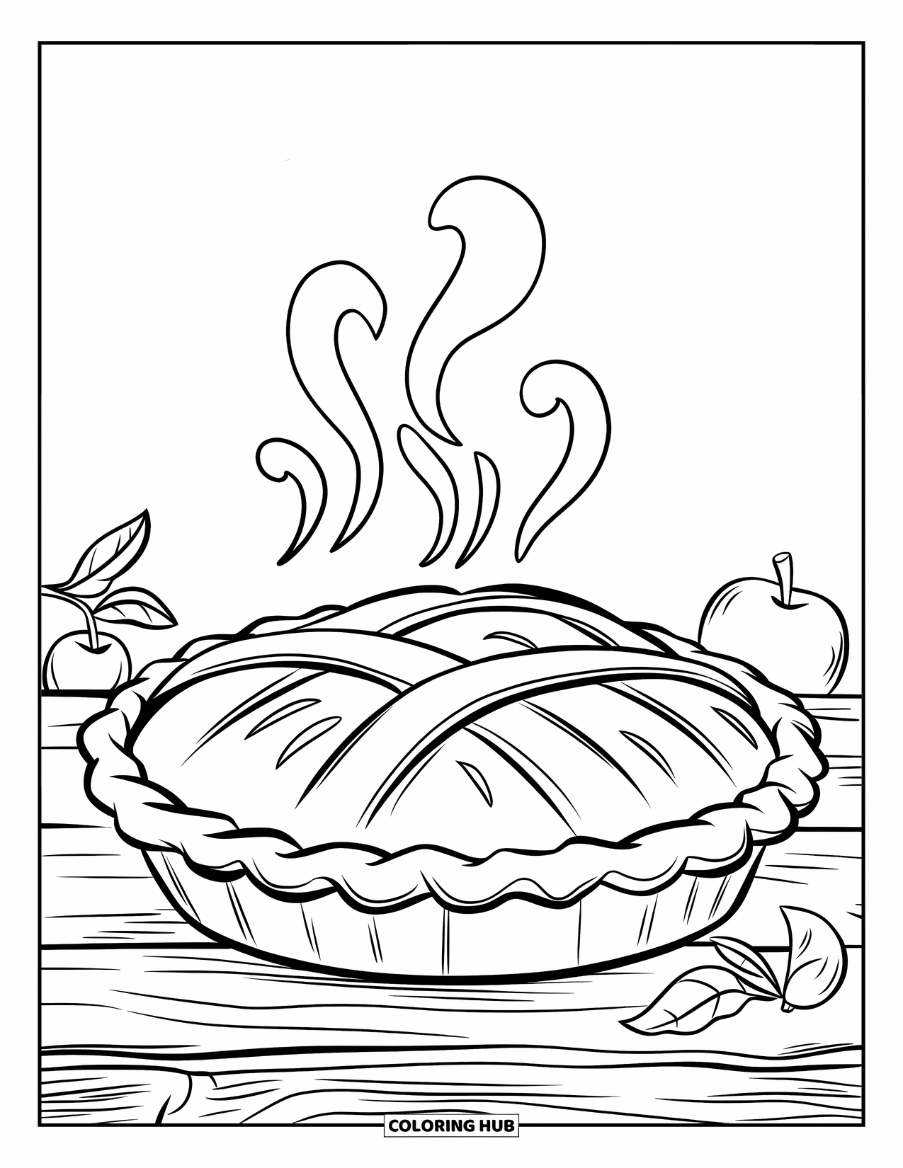 Pie Coloring Page for Kids: Apple pie with steam curls, apples, and leaves nearby