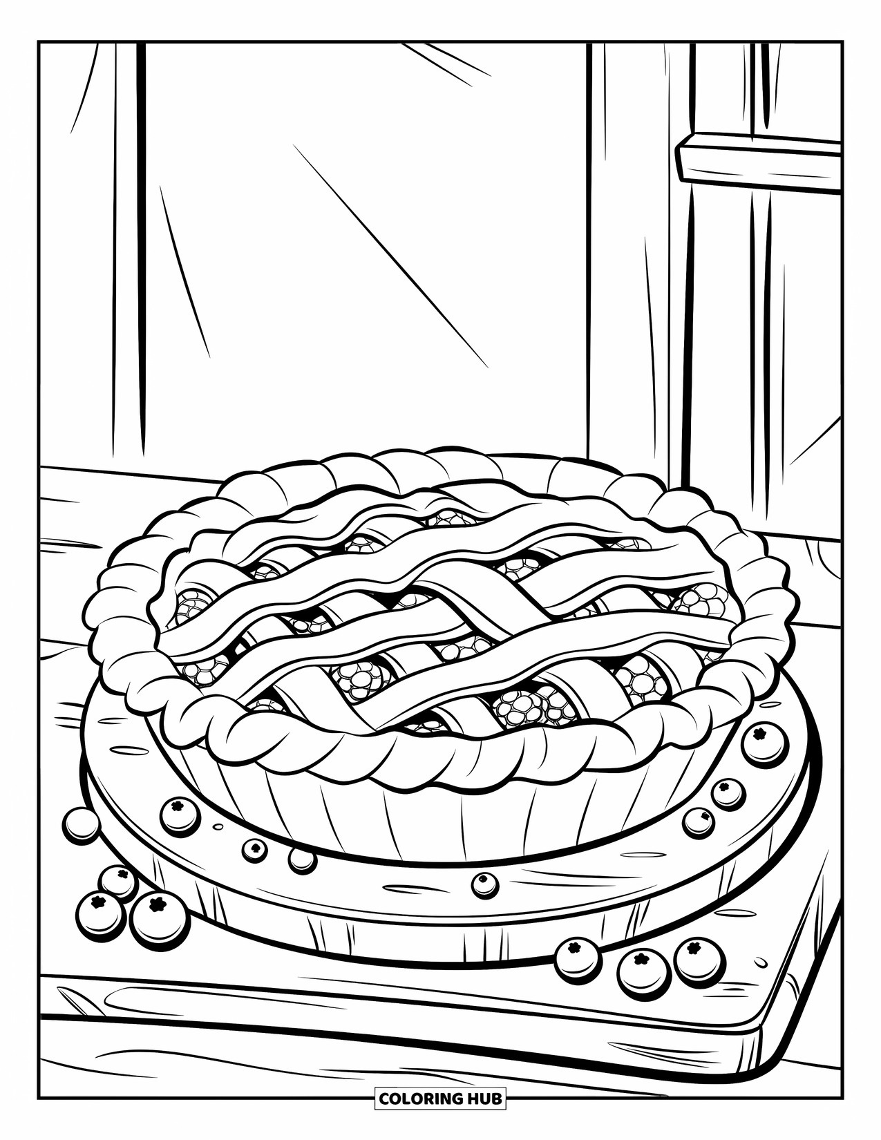 Pie Coloring Page for Kids: Blueberry pie with bubbling filling on a wooden board