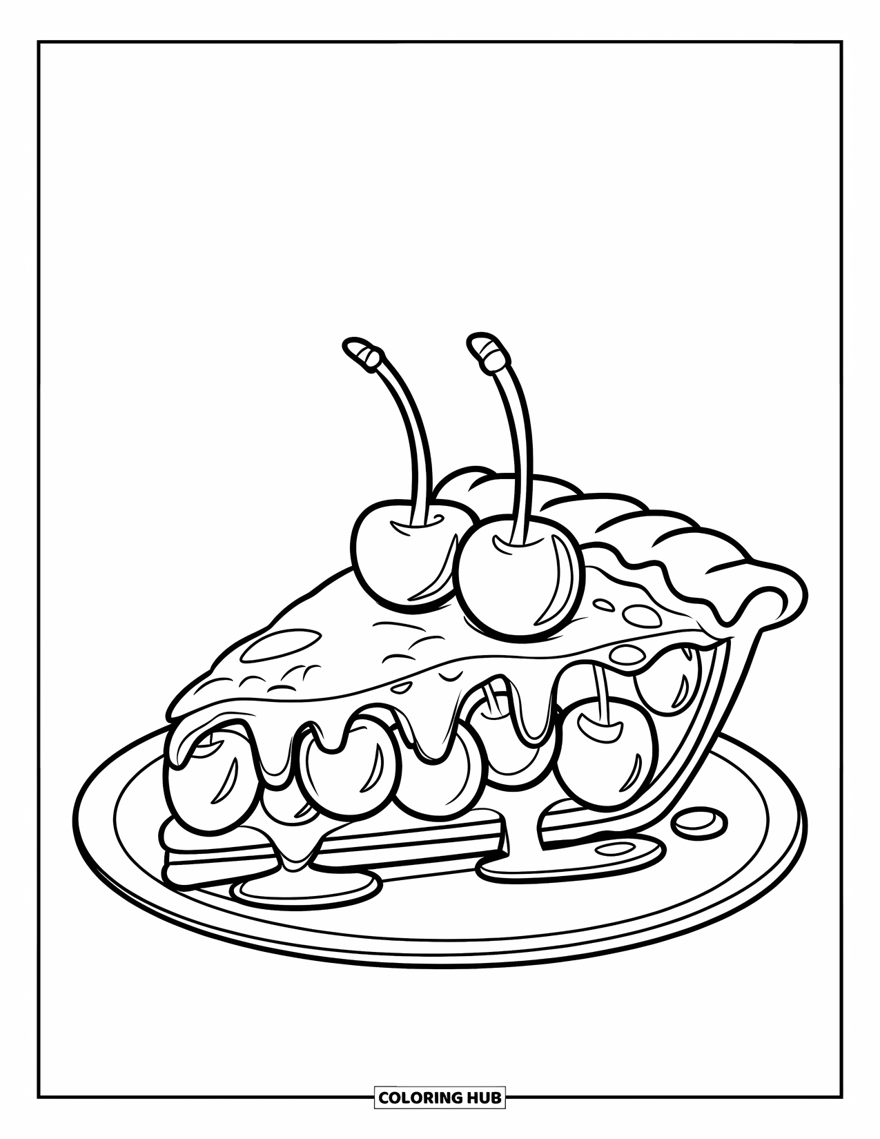 Pie Coloring Page for Kids: Cherry pie slice with whole cherries on top and simple background