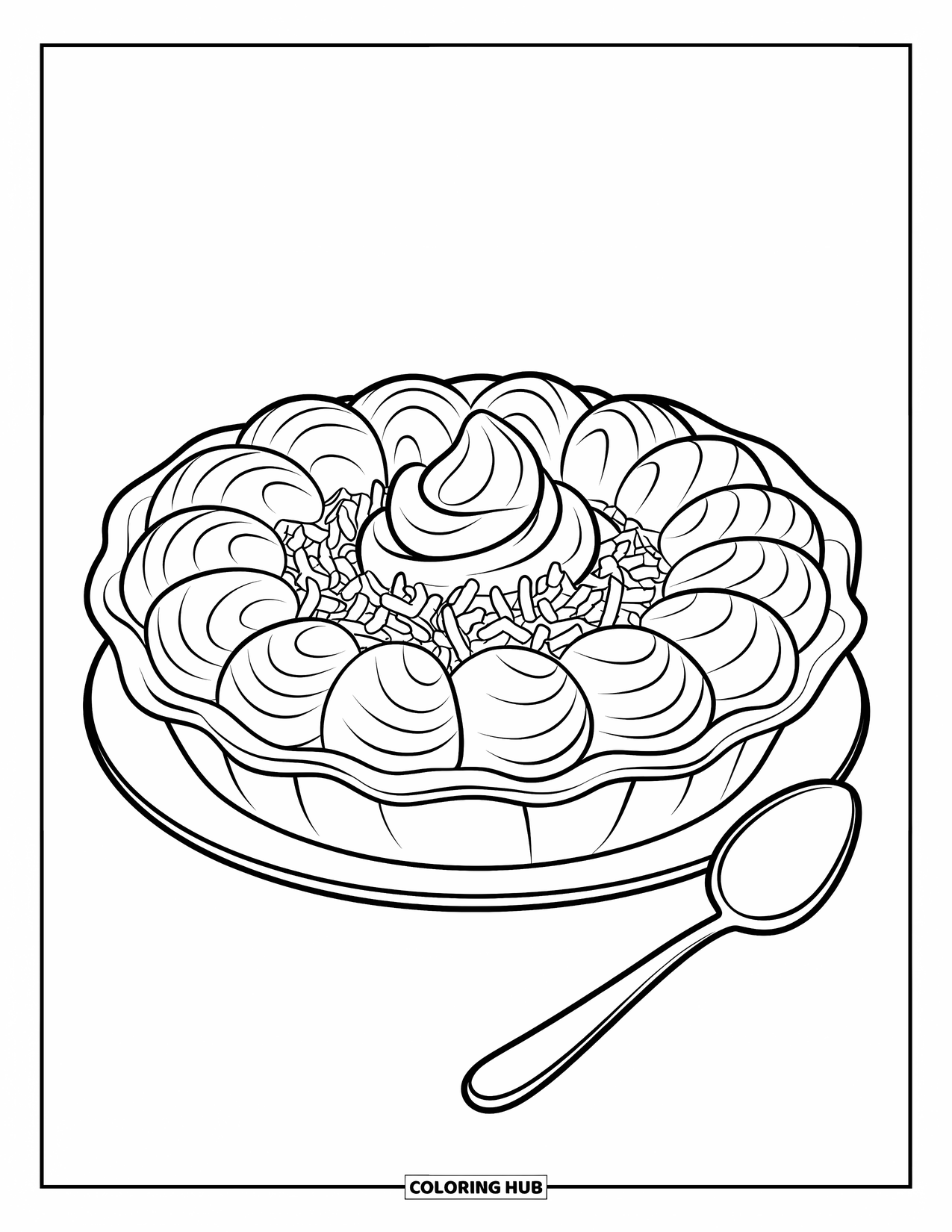 Pie Coloring Page for Kids: Coconut cream pie with a spoon beside it