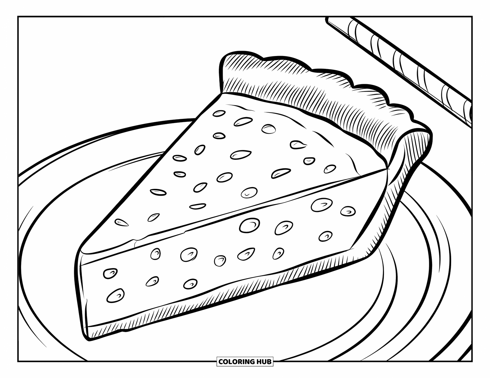 Pie Coloring Page for Kids: Key lime pie slice with lime slices and a straw beside it