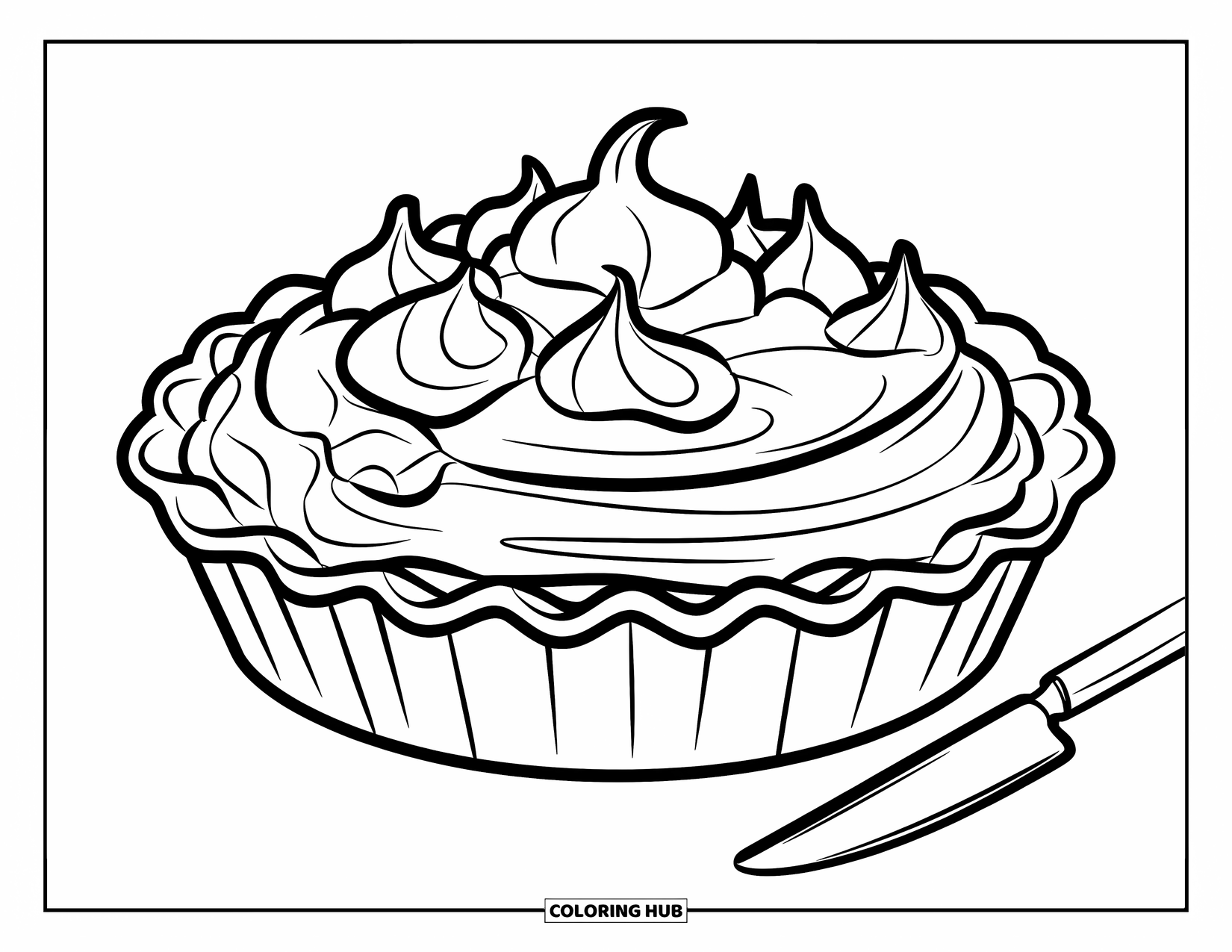 Pie Coloring Page for Kids: Lemon meringue pie with a knife beside it