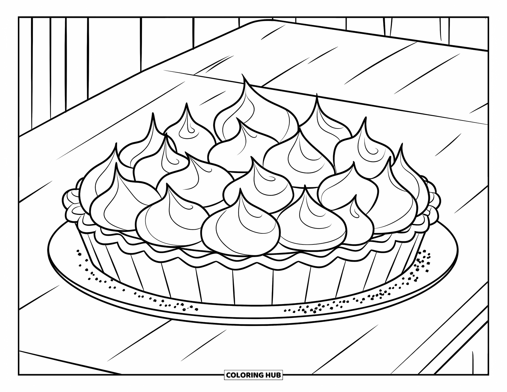 Pie Coloring Page for Kids: Lemon meringue pie with sugar dust on a white plate