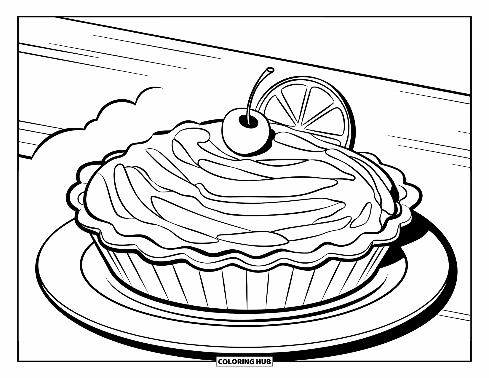 Pie Coloring Page for Kids: Mini lemon pie topped with lemon slice and cherry