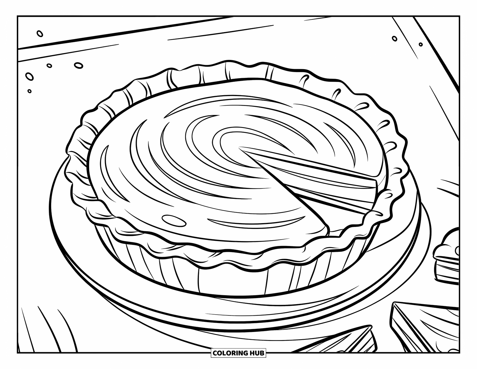 Pie Coloring Page for Kids: Mini lemon pie with pie slices nearby and a speckled surface