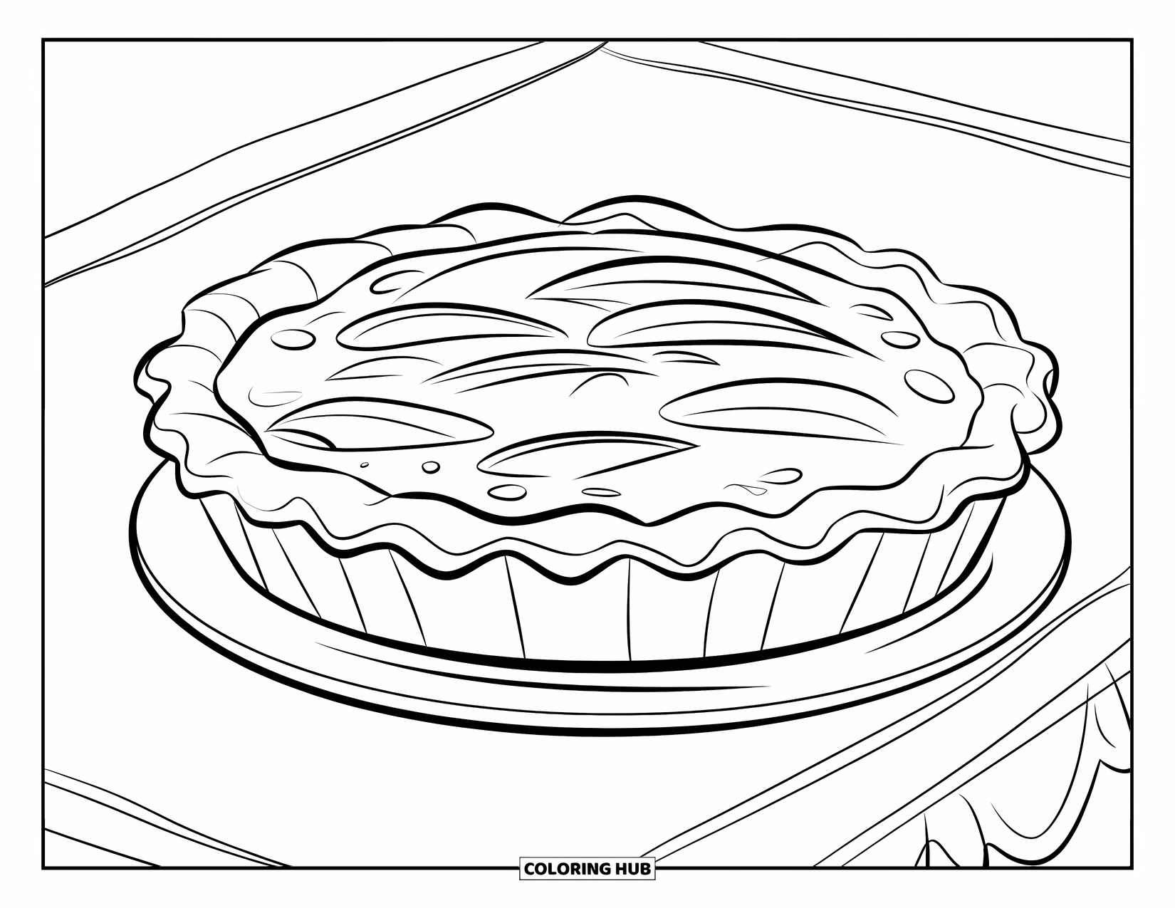 Pie Coloring Page for Kids: Mini lemon pie with soft swirls on a plate and cheerful vibe